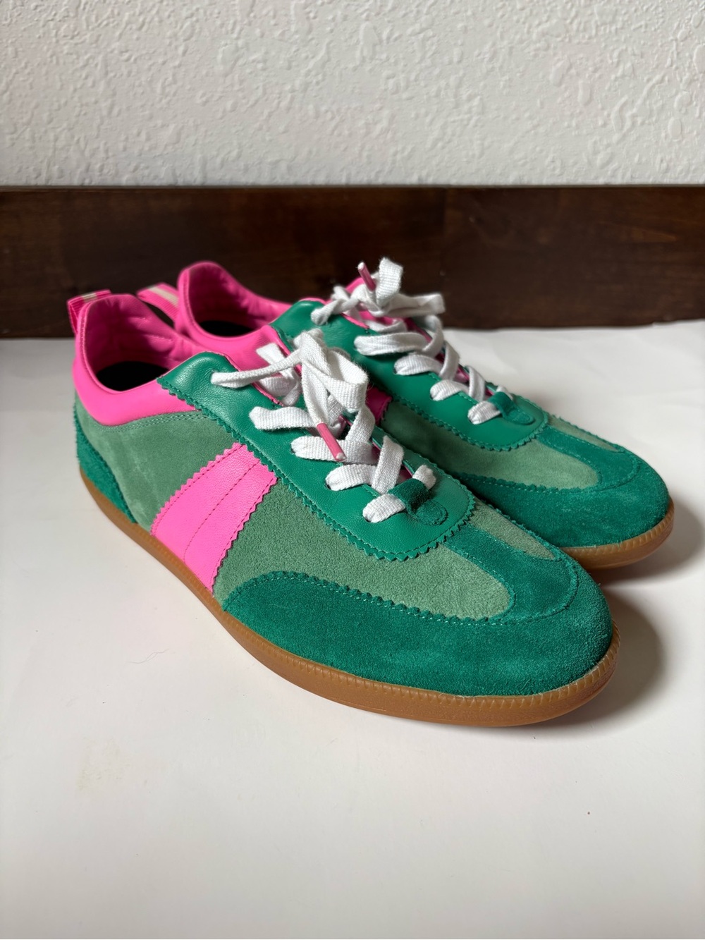 Boden Green Suede Sneakers with Pink Accents